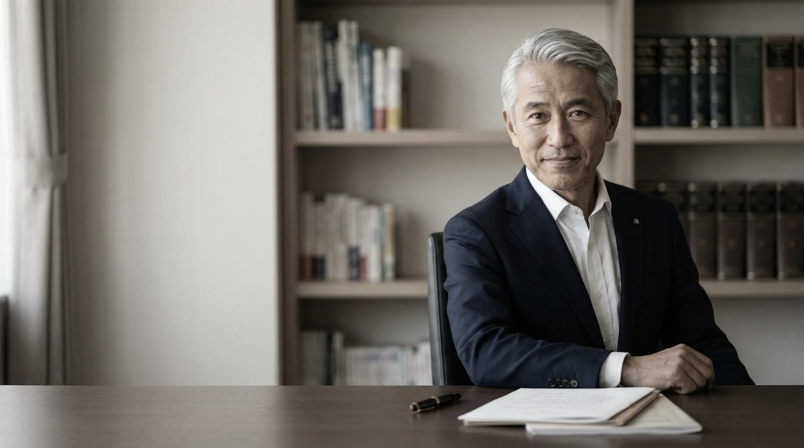 書斎で資料を確認する城島誠一郎。元警視庁刑事として培った検証の姿勢。