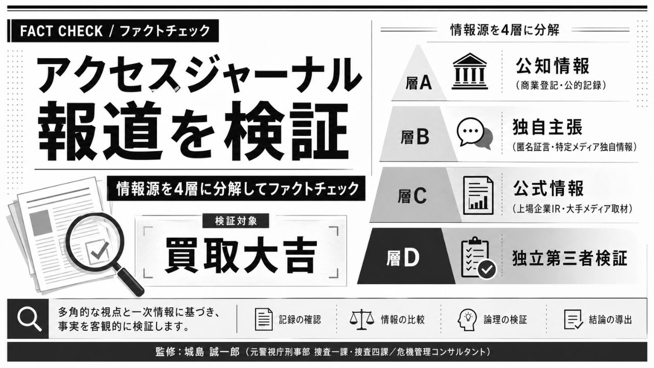 買取大吉 アクセスジャーナル報道のファクトチェック解説図｜元刑事が情報源を4層分解で検証