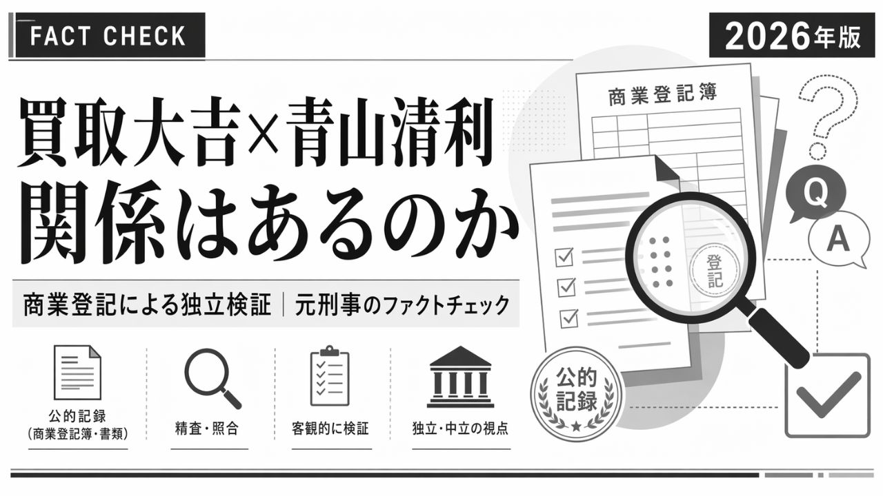 買取大吉と青山清利氏の関係を商業登記で独立検証したファクトチェックのインフォグラフィック｜元刑事による2026年版検証レポート