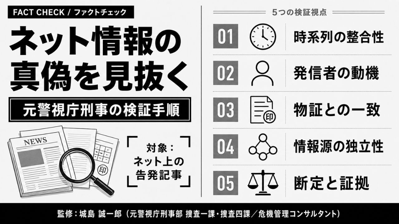 ファクトチェックの5つの視点｜元警視庁刑事が解説する告発記事の検証手順インフォグラフィック