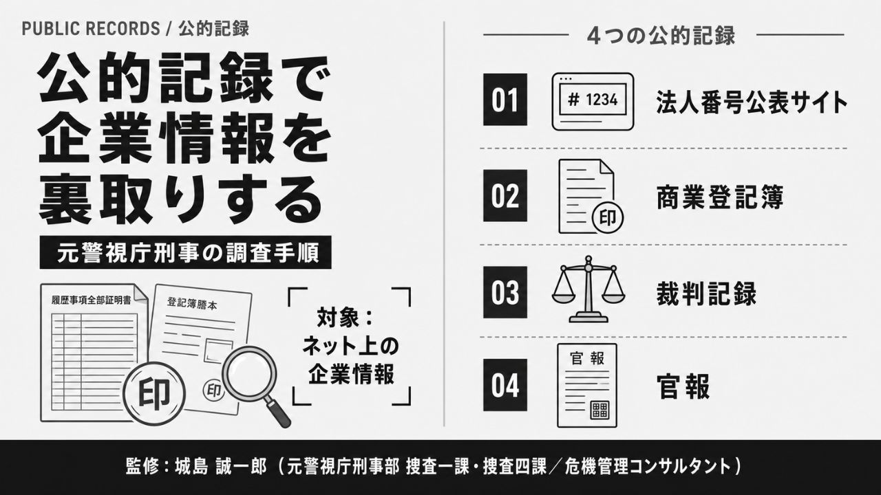 商業登記・裁判記録・官報の読み方｜元警視庁刑事が解説する公的記録での企業情報裏取り手順インフォグラフィック